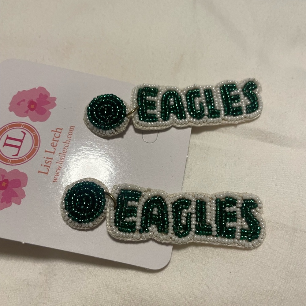 Green and White Beaded Eagles NFL Football Earrings